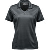 A women's polo shirt in dark grey with a textured striped pattern and a collar, featuring branding.