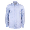 A button-up shirt in light blue with long sleeves and a collar, featuring a logo.