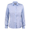 A light blue button-up women's shirt with a collar and long sleeves, featuring a branding logo.