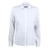 A button-up shirt in white, featuring a collar and long sleeves, with a logo on the chest.