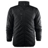 A black men's quilted jacket with a high collar and zippered pockets. It features a logo on the chest.