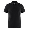 A black modern cotton polo shirt with a collar and three buttons, featuring a logo on the side.
