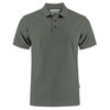 A grey men's cotton polo shirt with short sleeves, featuring a collar and buttons, and a logo on the side.