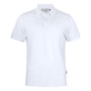 A white men's polo shirt with a collar and a logo on the side.