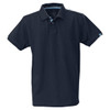 A black cotton polo shirt featuring a collar and short sleeves, with a small logo on the chest.
