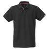 A black men's polo shirt with a collar and short sleeves, featuring a logo and striped details on the sleeves.