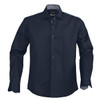 A men's button-up shirt in dark navy, featuring a spread collar and a subtle logo on the label.