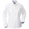 A white button-up shirt for women featuring a classic collar and long sleeves with contrasting cuffs. It has a logo on the label.