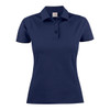 A navy women's cotton polo shirt featuring a collar and buttons, with a logo on the label.