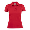 A red women's cotton polo shirt with a collared neckline and button placket, featuring a small logo.