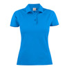 A women's cotton polo shirt in vibrant blue with a collar and three-button placket, featuring a logo.