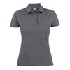 A grey women's cotton polo shirt featuring a classic collar and three-button placket, with a small logo.