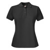 A black women's cotton polo shirt featuring a collar and three buttons, with a logo on the chest.
