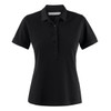 A black women's cotton polo shirt featuring a collared neck and a button-up front. It has a logo on the chest.