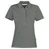 A women's polo shirt in a dark grey shade featuring a collar and a placket with buttons. It has a logo.
