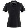 A black women's cotton polo shirt with a collar and button placket, featuring brand logo.