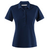 A navy women's cotton polo shirt featuring a collar and button placket, with a logo on the chest.
