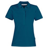 A teal women's cotton polo shirt with a classic collar and a fitted design, featuring a logo.