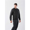 A men's black thermal jacket with a quilted design, featuring a logo and side pockets.