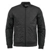 A black thermal jacket with a quilted pattern, featuring a front zip and ribbed cuffs and hem. Includes branding.