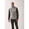 Men's Bergen Sherpa fleece vest in light grey, featuring a zip-up front and a chest pocket. Black long-sleeve shirt underneath.