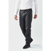 A pair of black rain pants with an elastic waistband, featuring a logo on the side.