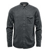 A dark green long sleeve twill shirt with a button-up design and a chest pocket. It features a logo on the collar.