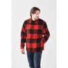 A unisex fleece jacket in red and black check pattern, featuring buttons and two front pockets.