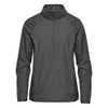 A women's rain jacket in dark grey featuring a 1/4 zip and a logo. Ideal for outdoor wear.