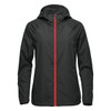 A women's wind jacket in dark green with a red zipper, featuring a hood and an unadorned branding logo.