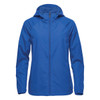 A women's rain jacket in bright blue with a hood and a zip front, featuring a logo.
