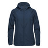 A navy blue women's wind jacket with a hood and a zippered front, featuring a logo on the chest.
