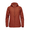 A women's wind jacket in a rust orange colour, featuring a hood and a zip closure, with a logo on it.