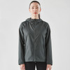 A dark grey women's wind jacket with a hood, featuring a front zipper and a minimalistic design.