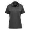 A women's short sleeve polo shirt in dark green with a collar and button placket, featuring a logo.