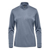 A women's 1/4 zip pullover in grey, featuring long sleeves and a branded logo.