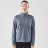 A women's 1/4 zip pullover in blue, featuring long sleeves and a high collar, with visible branding.