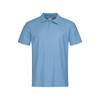 A light blue heavyweight polo shirt with a collar and three buttons, featuring a logo.