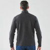 A men's quarter-zip pullover in dark grey, featuring a high collar and long sleeves, with a logo on the back.
