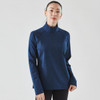 A navy blue 1/4 zip pullover jumper for women with a stand-up collar and long sleeves. It features branding.