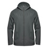 A men's wind jacket in dark green, featuring a hood and a front zip, with a logo on the chest.