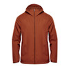 A men's wind jacket in a rich brown colour, featuring a hood and zip closure, with a logo on one side.
