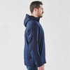 A men's wind jacket in navy blue, featuring a hood and a logo, displayed from the side.