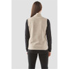 A women's full zip fleece vest in a light beige colour, featuring a high collar and a branded logo.