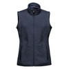 A women's full zip fleece vest in dark grey, featuring a high collar and two side pockets. It has a logo on it.