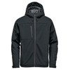 A black insulated softshell jacket with a hood and multiple pockets, featuring a logo on the chest.