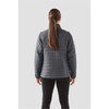 A women's grey jacket with a quilted design, featuring a high collar and long sleeves. The back view shows a simple style.