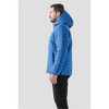 A blue quilted hoody with a hood, featuring a logo, displayed on a male model from the side.