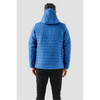 A blue Men's Nautilus Quilted Hoody featuring a hood and a quilted texture, viewed from the back.