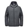 A dark grey quilted hoody with a zip front and hood, featuring a logo on the chest.